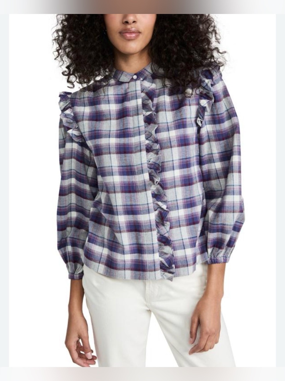 Something Navy Purple Plaid Ruffle-Trim Flannel Button Down Shirt XS NWT